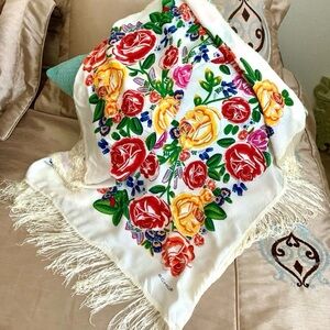 Echo Floral Embroidered Fringe Shawl